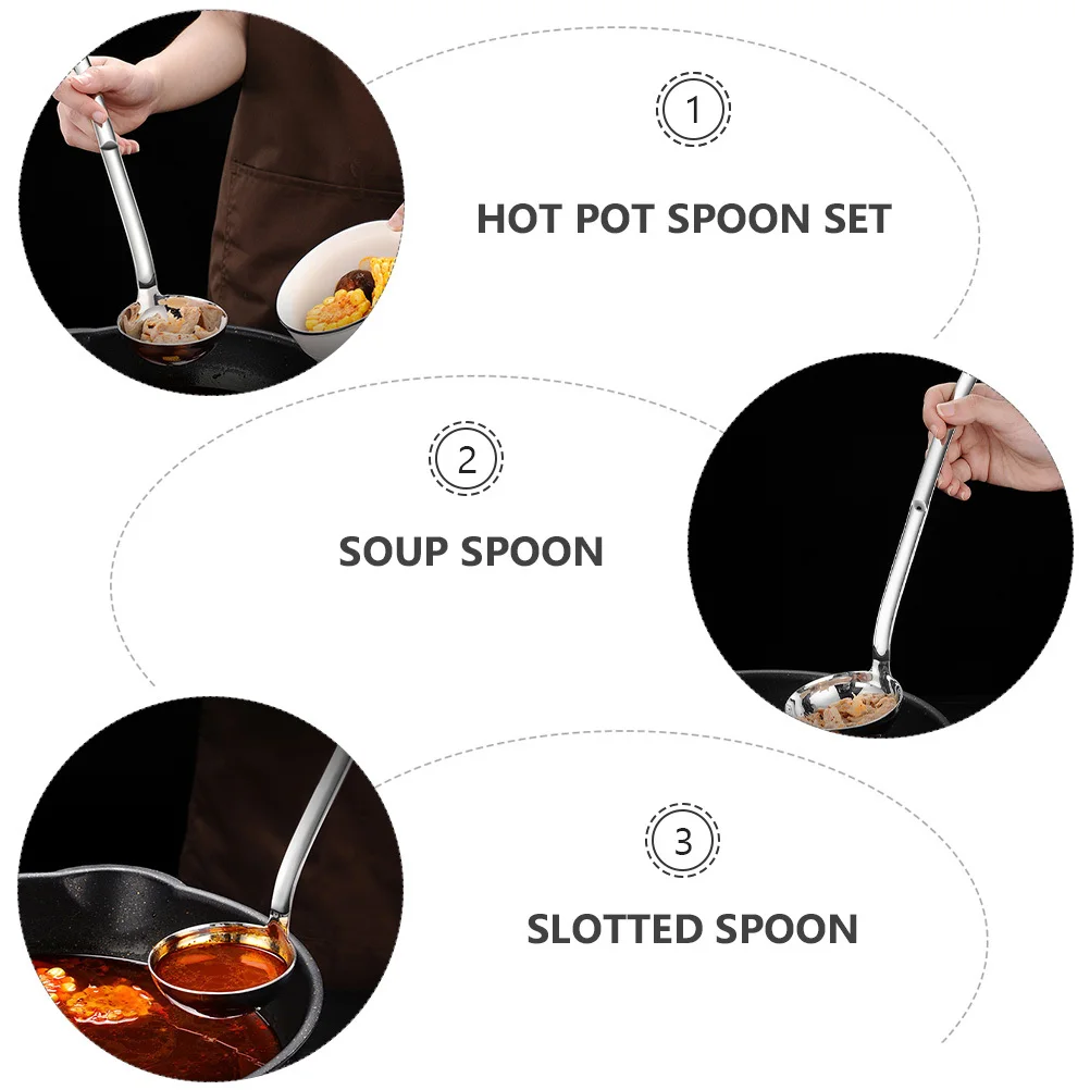 

2Pcs Stainless Steel Soup Slotted Spoon Set Deep Ladle Long Handle Rustproof Kitchen Spoon Hot Pot Strainer Colander