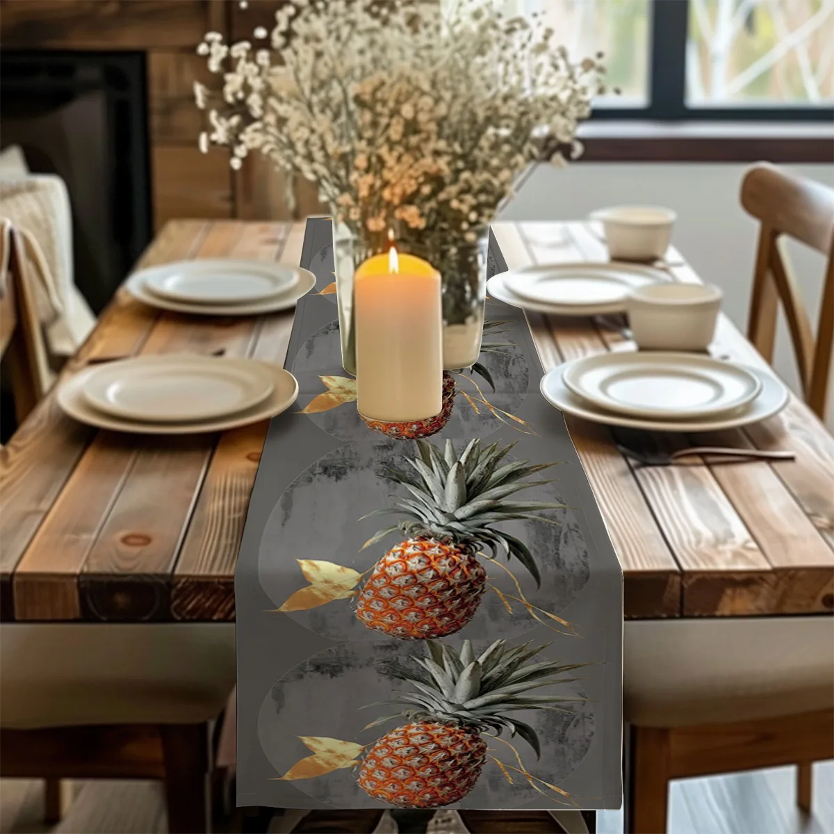 decor table runner Pineapple and Golden Leaf Tropical Style Tablecloth for family dinner wedding parties,dresser scarf table dec
