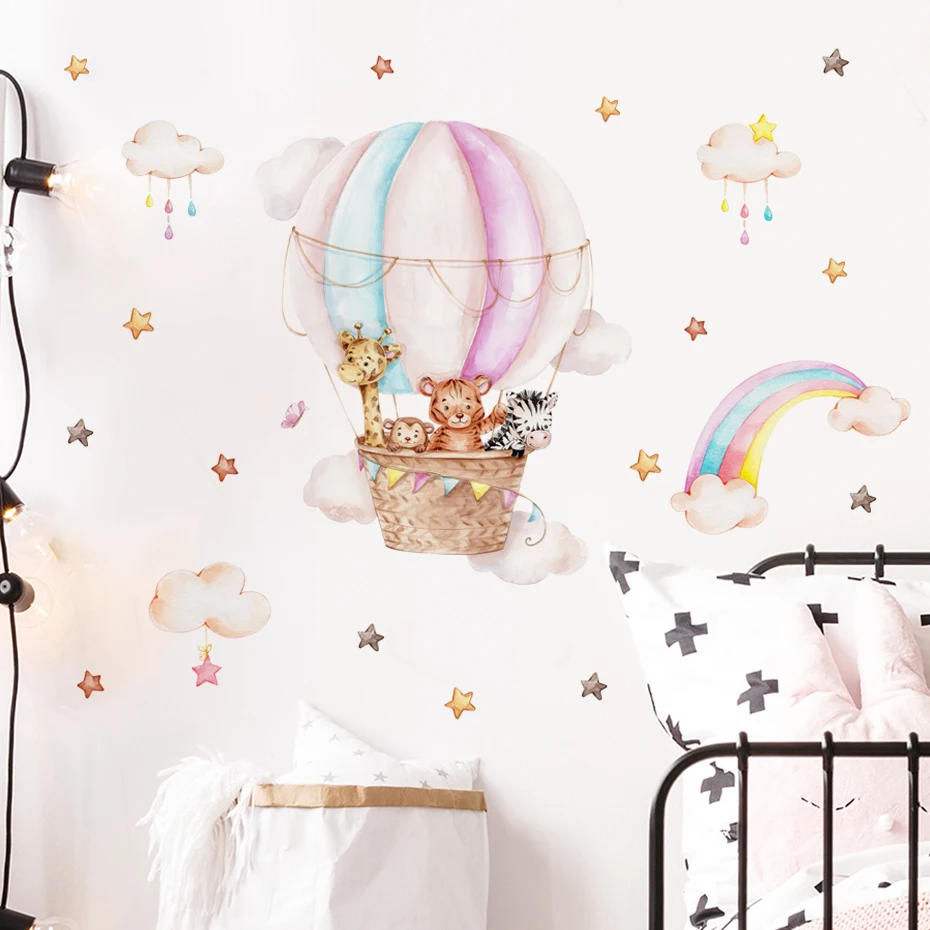 Pink Hot Airballoon Cute Animals Cloud Rainbow Watercolor Wall Stickers for Kids Room Baby Nursery Room Wall Decals Home Decor