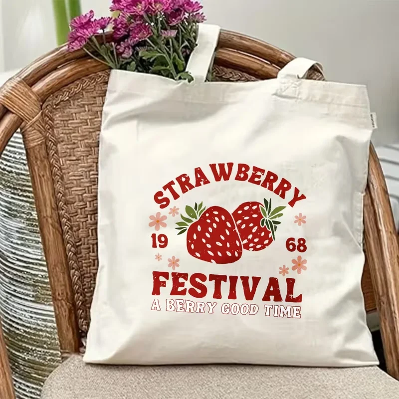 

Strawberry Festival 1968 Canvas Tote Bag Vintage Berry Floral Distressed Print Reusable Shoulder Bag For Women