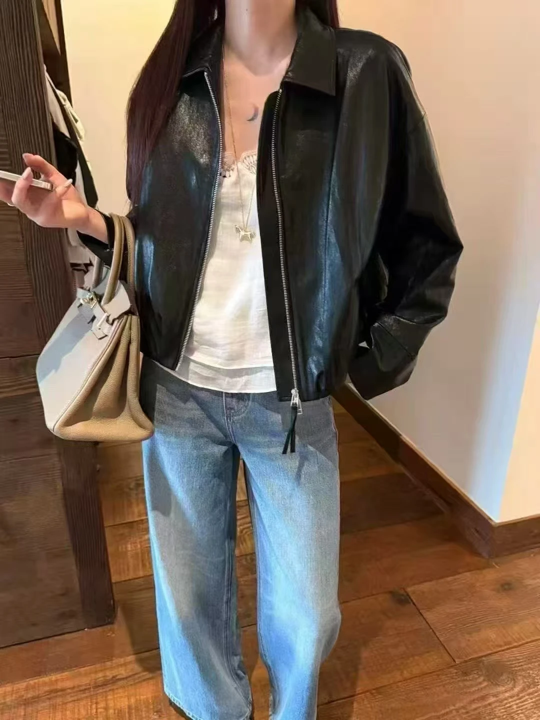 

Lilian Early Spring Vintage Loose Collar Simple Elegance Women's Leather Jacket Coat Synthetic Leather Zipper Regular Length
