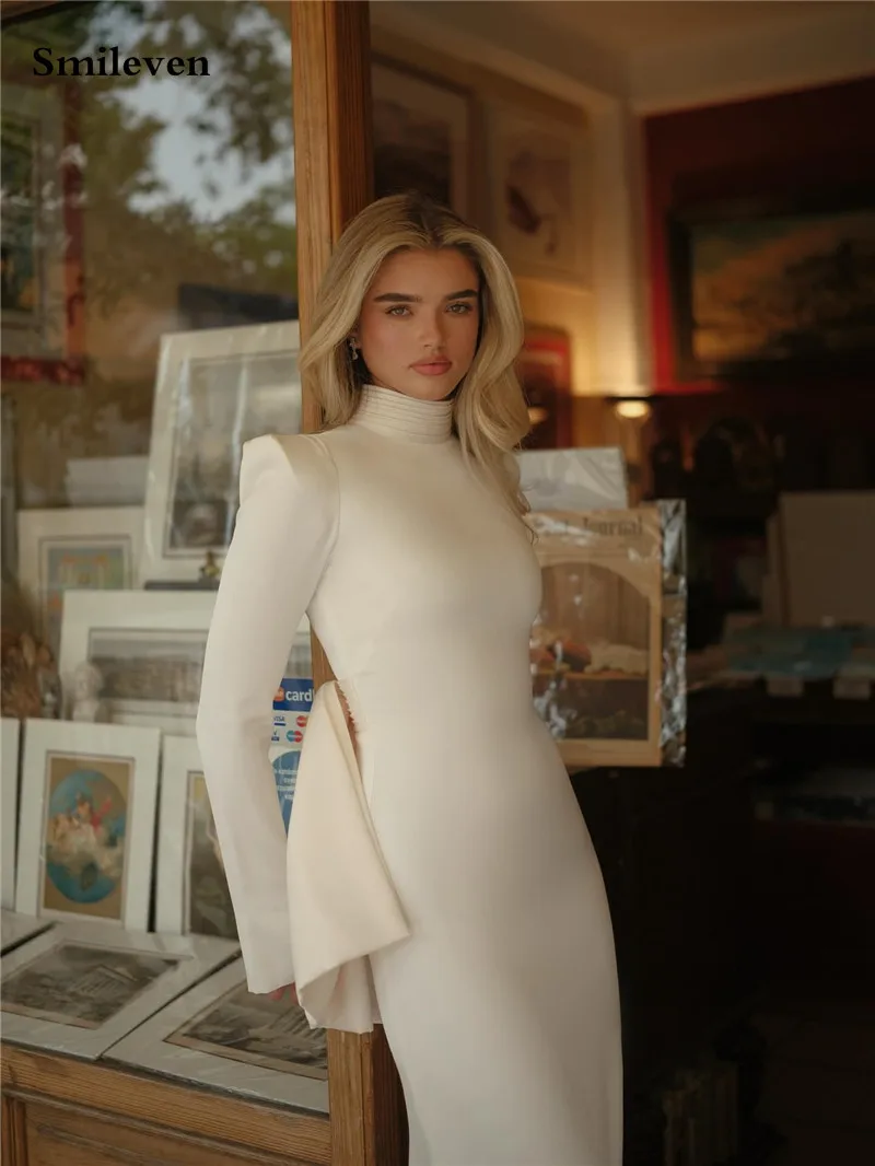 Smileven فساتين زفاف إسلامية بأكمام طويلة من الساتان ورقبة عالية فستان العروس فيستدو دي نوفيا بدون أكمام بفيونكة فساتين زفاف مخصصة