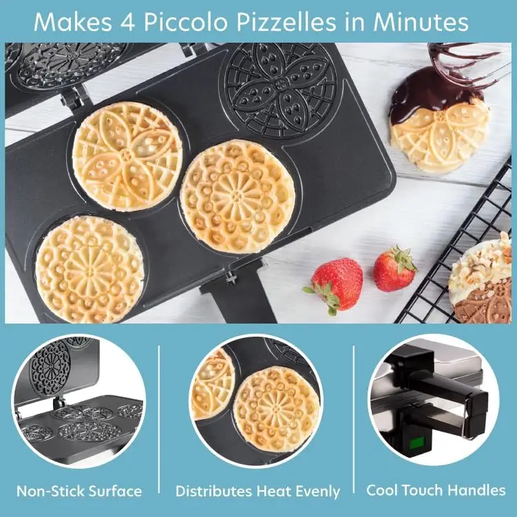 Piccolo Pizzelle Baker-Nonstick Electric Press Makes 4 Mini Cookies at Once- Recipe Guide Included,Christmas Cookie Swap Italian