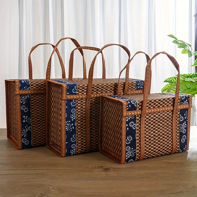 1pc Handmade Weaving For Picnics Handbag Pure Ecology Handmade Woven Bamboo And Grass Bags Gift Packaging Portable Bamboo Basket