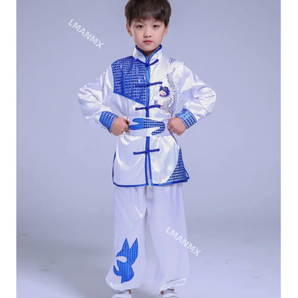 Child Boys Girls Children Chinese Traditional Sequin Dragon Embroidery Wushu Tai Chi Kung Fu Uniforms Stage Performance Outfits