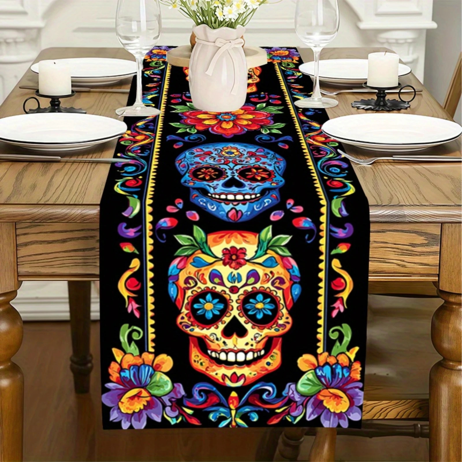 Vibrant Mexican Sugar Skull Table Runner Floral and Skeleton Design Kitchen Dining Table Room Home Decoration for Home Party
