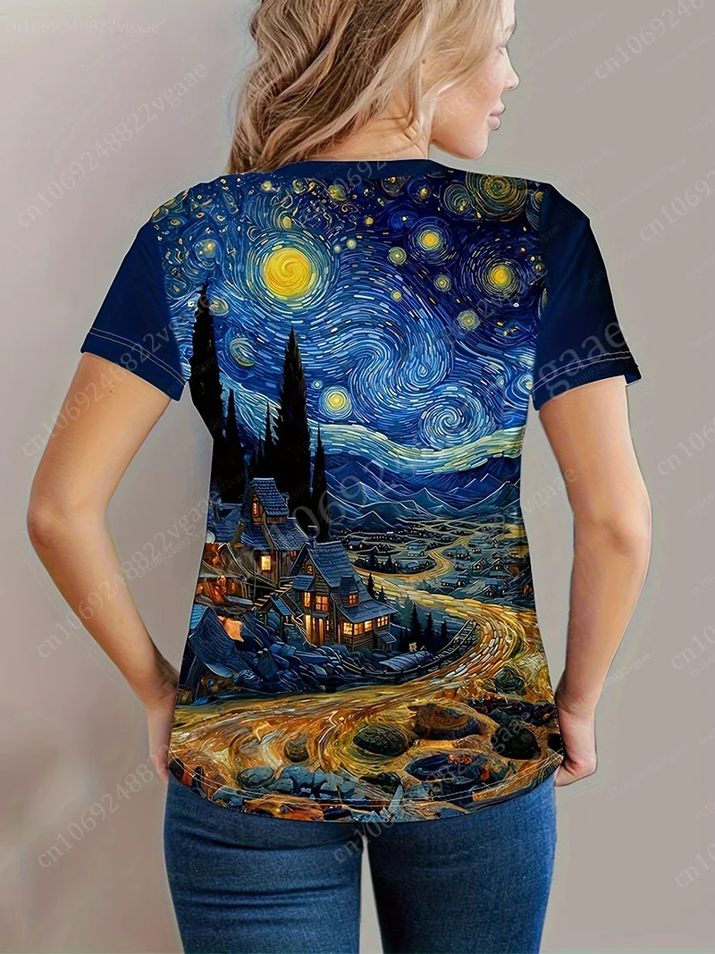 The Starry Night Van Gogh T Shirt Summer Women Crew Neck T-Shirt 3D Print Short Sleeve Top Vintage Clothes Oversized Tees