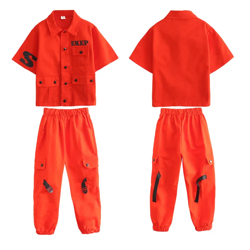 Kids Jazz taniec Hip Hop kostiumy Orange Jacket Top luźne spodnie dla dziewczynek chłopcy Hiphop Street taniec towarzyski ubrania