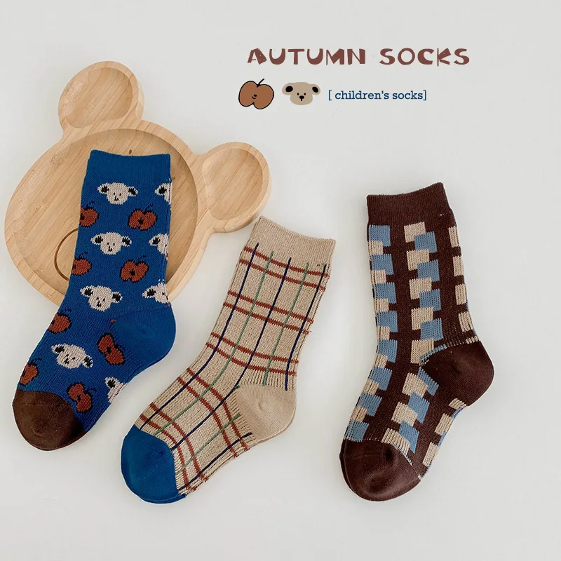 Children Socks Autumn Winter Sock Double Woven Cotton Socks Cartoon Bear Pattern Baby Boys Girls Crew Socks Warm and Cozy