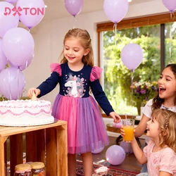 DXTON Winter Unicorn Toddler Princess Dresses Floral Print Kids Tutu Mesh Dress Crown Holiday Party Children's Cartoon Clothing
