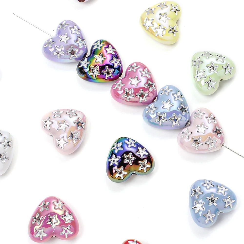 10Pcs Acrylic 3D Love Heart Beads Star Print Focal Beads for Diy Pens Charms Handmade Materials for Making Keychain Hairpin