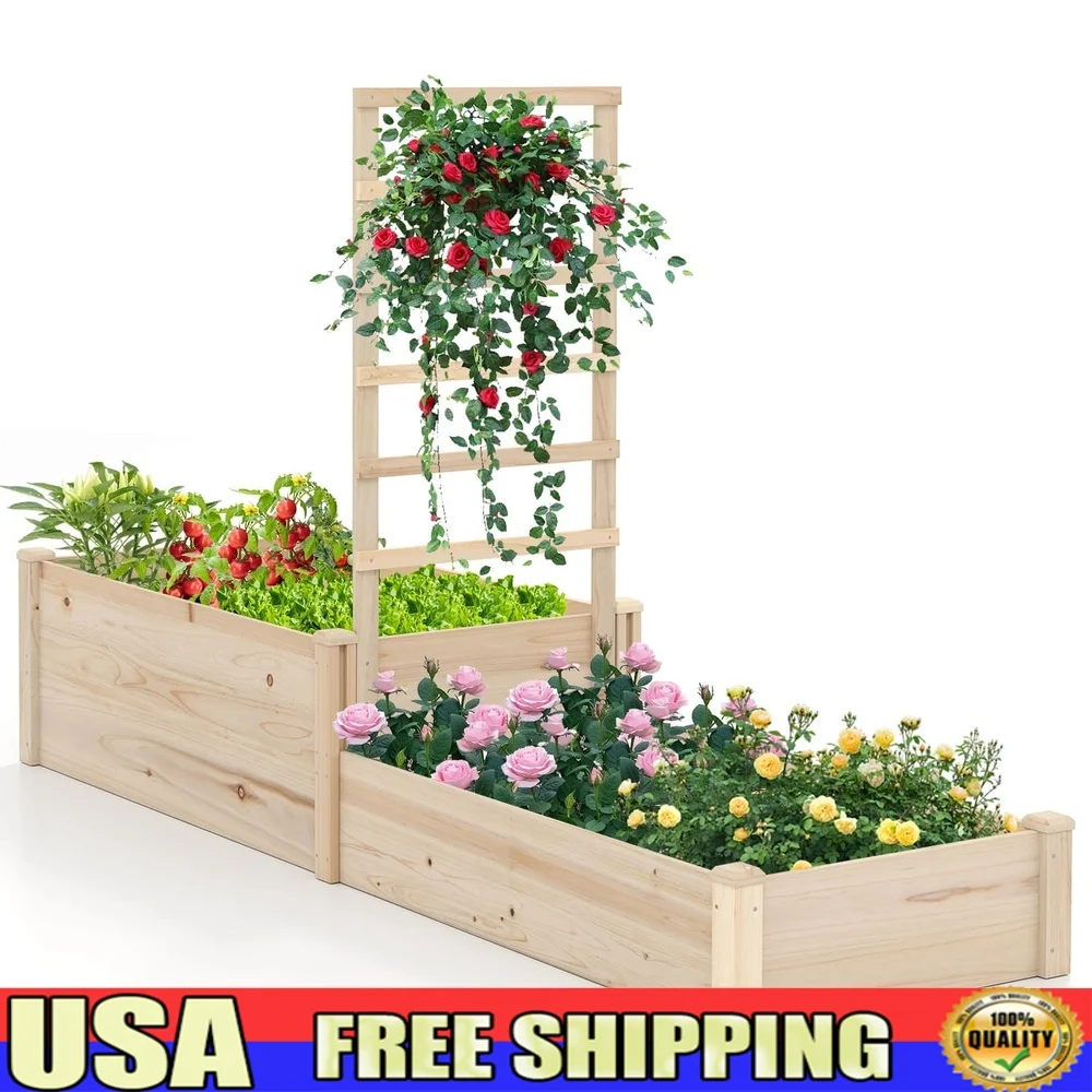 

87 Inch Raised Garden Bed with Trellis 2 Tier Planter Box Open Ended Base Vegetables Flowers Outdoor Patio