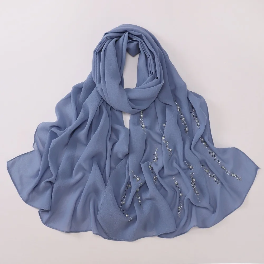 Rhinestone Imitation Pearl Chiffon Hijab Shimmer Beads Lightweight Malaysia Shawl Scarf Breathable Elegant Soft Head Wrap