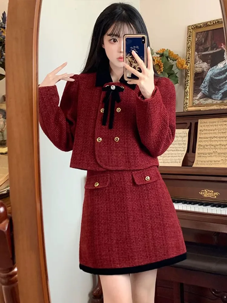 UNXX Curvy Slimming Red Bouclé Dress Sets Women Autumn Winter Socialite Luxury Bow Coat Skirt Two-Piece Set High Quality Fashion