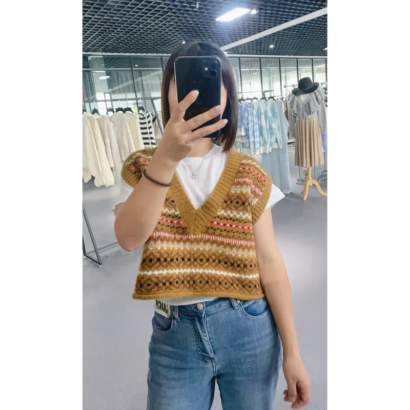 

2024 Jacquard Knitted Vest Women's Autumn New V-neck Sleeveless Loose Sweater Tank Top Women кардиган кофта женская свитер женск