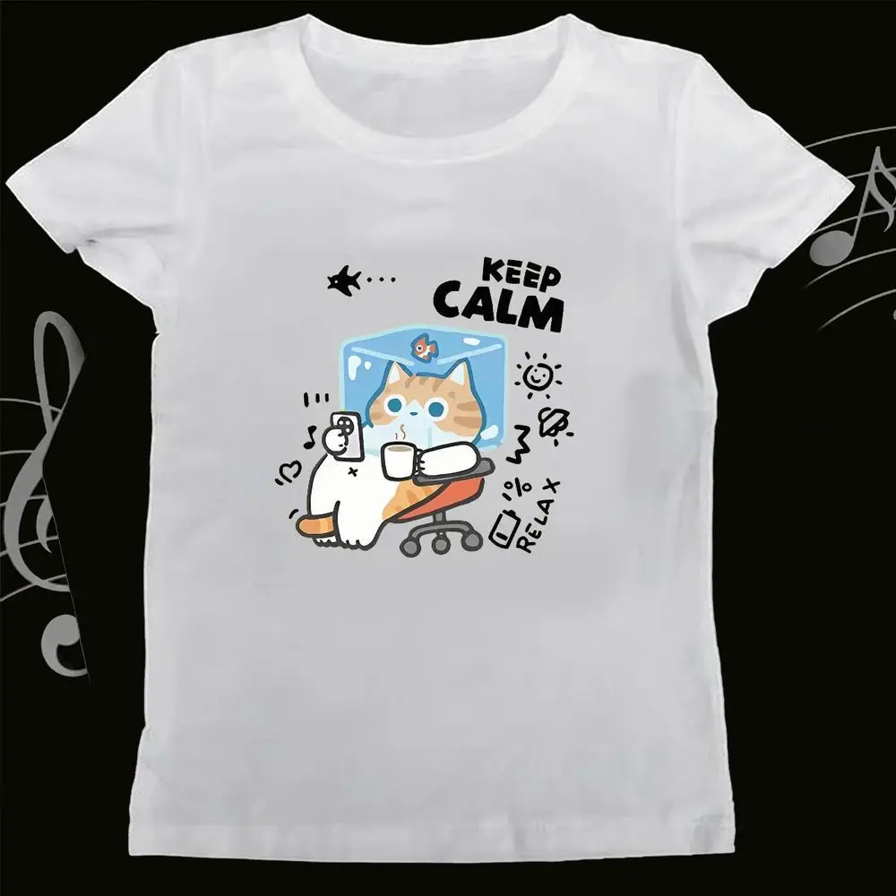 Cat Keep Calm Meme Graphic T-Shirt Women Summer Short Sleeve Funny Animal Print Vintage Tops Female Casual Fashion Harajuku Tee