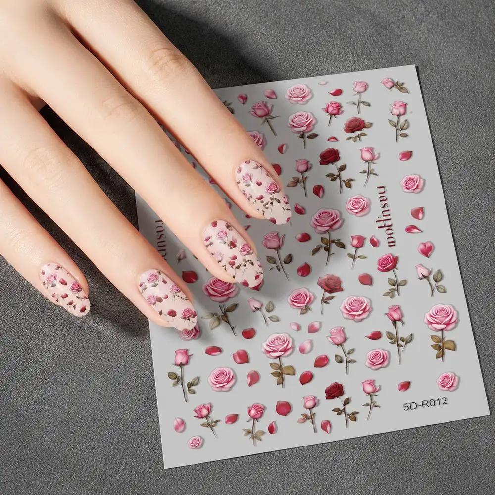 1Pc Ombre Rose Bloom Nail Sticker Mix Translucent Foliage Nail Decal Warm Vintage Fashion For Art Nail Slider