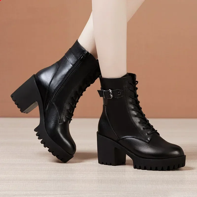 8cm Small Size 32-43 Quality Genuine Leather Boots Womens Platform Shoes with Fur 2024 Winter Block High Heels Ankle Snow Boots