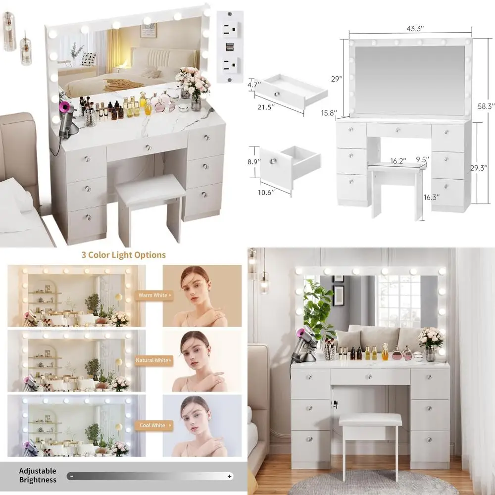 Illuminated Makeup Vanity Desk with Power Outlet, 7 Drawers, 3-Color Adjustable Lighting, 44 Table, and Padded Stool for Women a