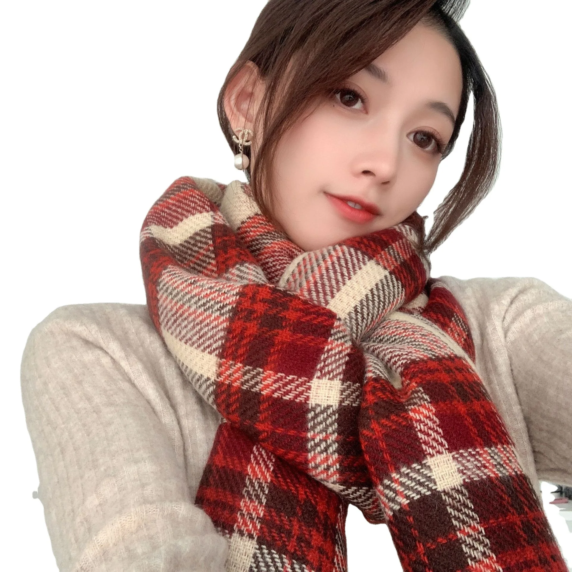 Plaid Scarf Chinese Style New Year Color Red Warm Soft Comfortable Material for Warmth for Ladies Fashionable Winter Wraps