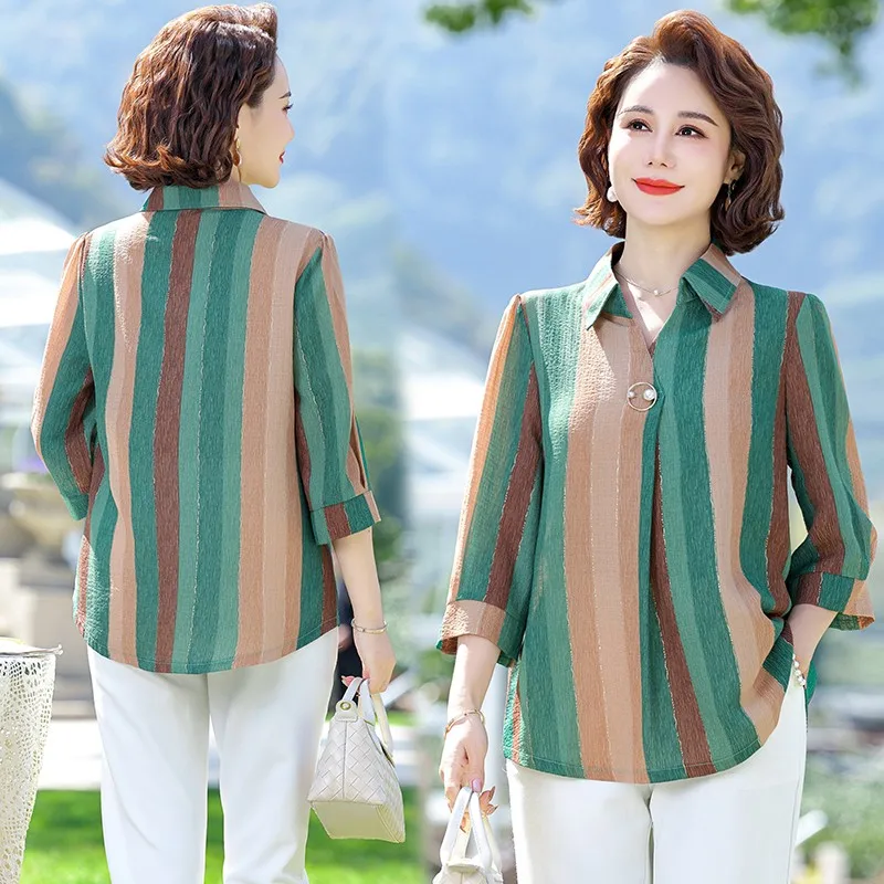 Elegant Women Spring Summer Chiffon Blouses Shirts Lady Casual Lapel Collar Half Sleeve Striped Blusas Middle Age Mother Tops