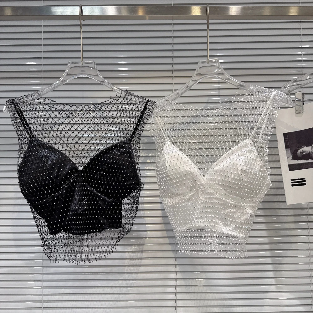 

2026 Summer New Sexy Socialite Mesh Tshirt, Shiny Rhinestone Outer Lining Padded Camisole, Two-piece Set, Y2K Crop Top for Women