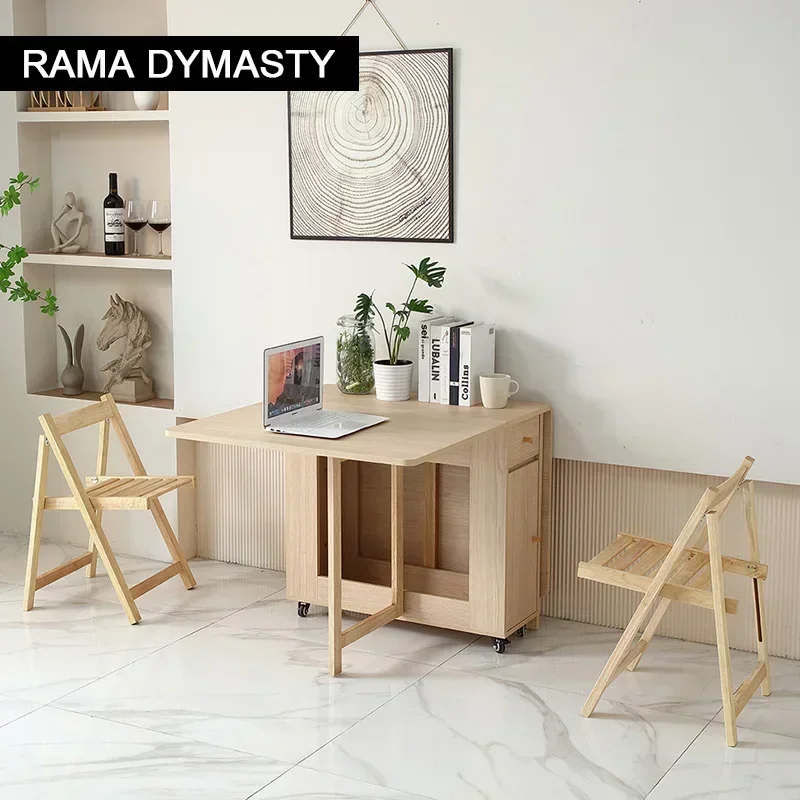 Extendable Drop Leaf Folding Dining Table with 2 Drawers and 4 Wheels for Living Room,Kitchen, Farmhouse, Space Saving Table