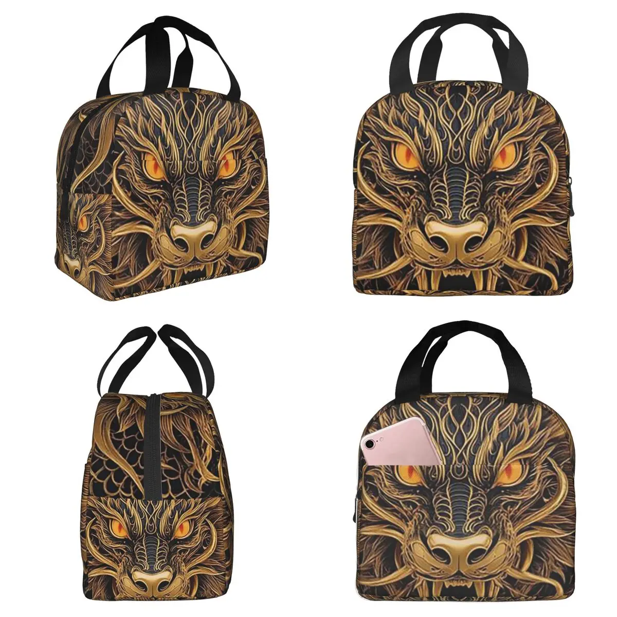 Golden Dragon Pattern Insulated Lunch Bag for Women Office Cooler Thermal Food Box Tote Portable Lunch Boxes Container