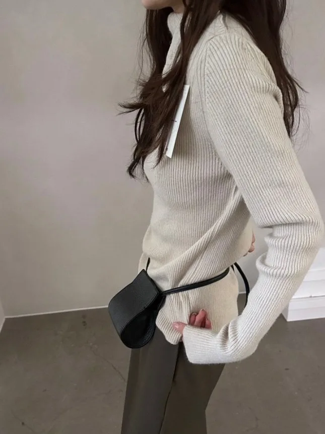 Korean Sle Slim Fit High Ne Side Button Knitwear Women's Base Layer Top Striped Faionable Autumn New Arrival