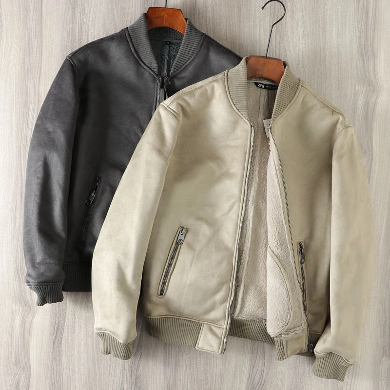 

Утепленная замшевая куртка с мехом ягненка, повседневная верхняя одежда с воротником-бомбером для мужчин, осенне-зимнее кожаное пальто с мехом