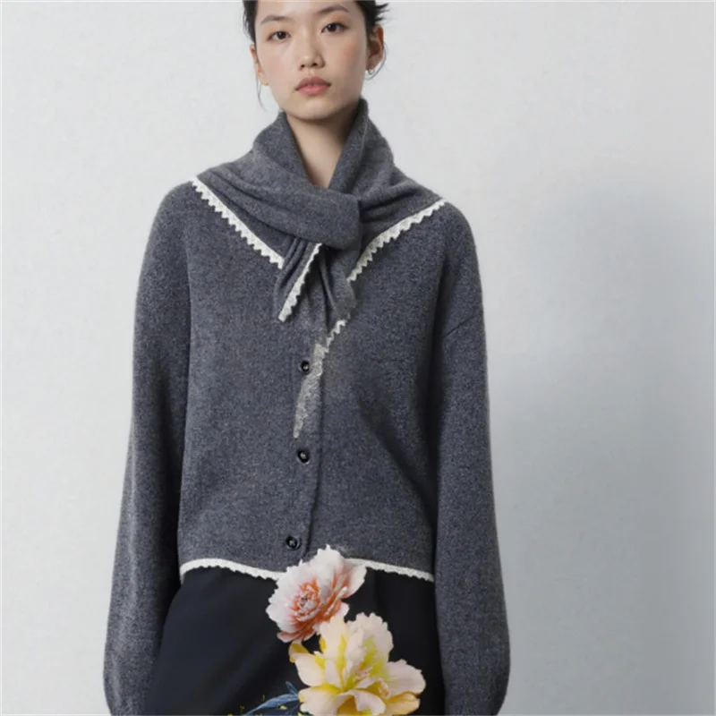 

2026 Spring New Arrival Chic Scarf Collar Lace Trim Knit Cardigan - Elegant Casual Office Wear for Women