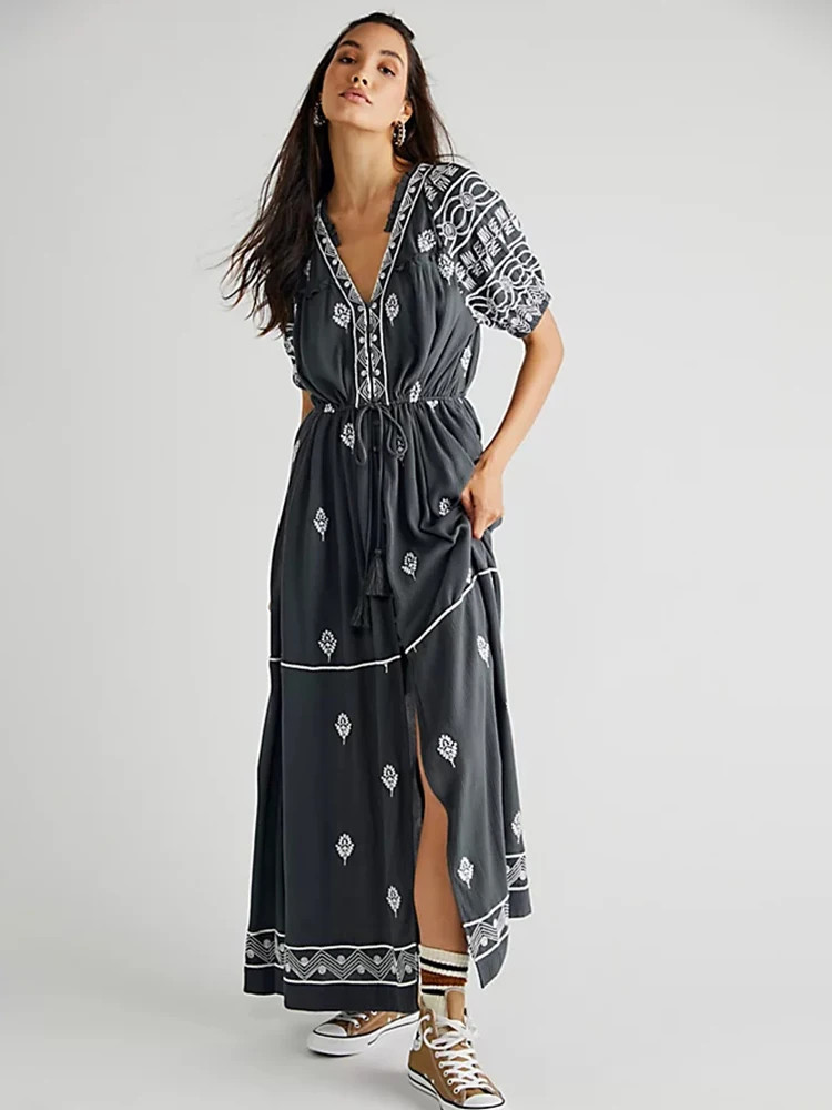 Jastie Cotton Retro Embroidered Dresses For Women 2023 Summer V-neck Short Sleeve Tassel Maxi Dress Boho Casual Beach Vestidos