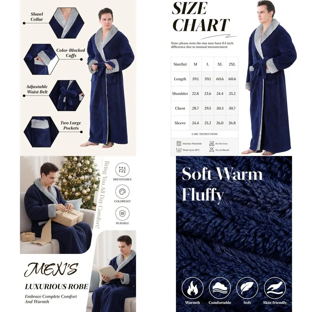 

Luxurious Plush Flannel Spa Robe for Men: Soft V-Neck Bathrobe with Belt and Pockets