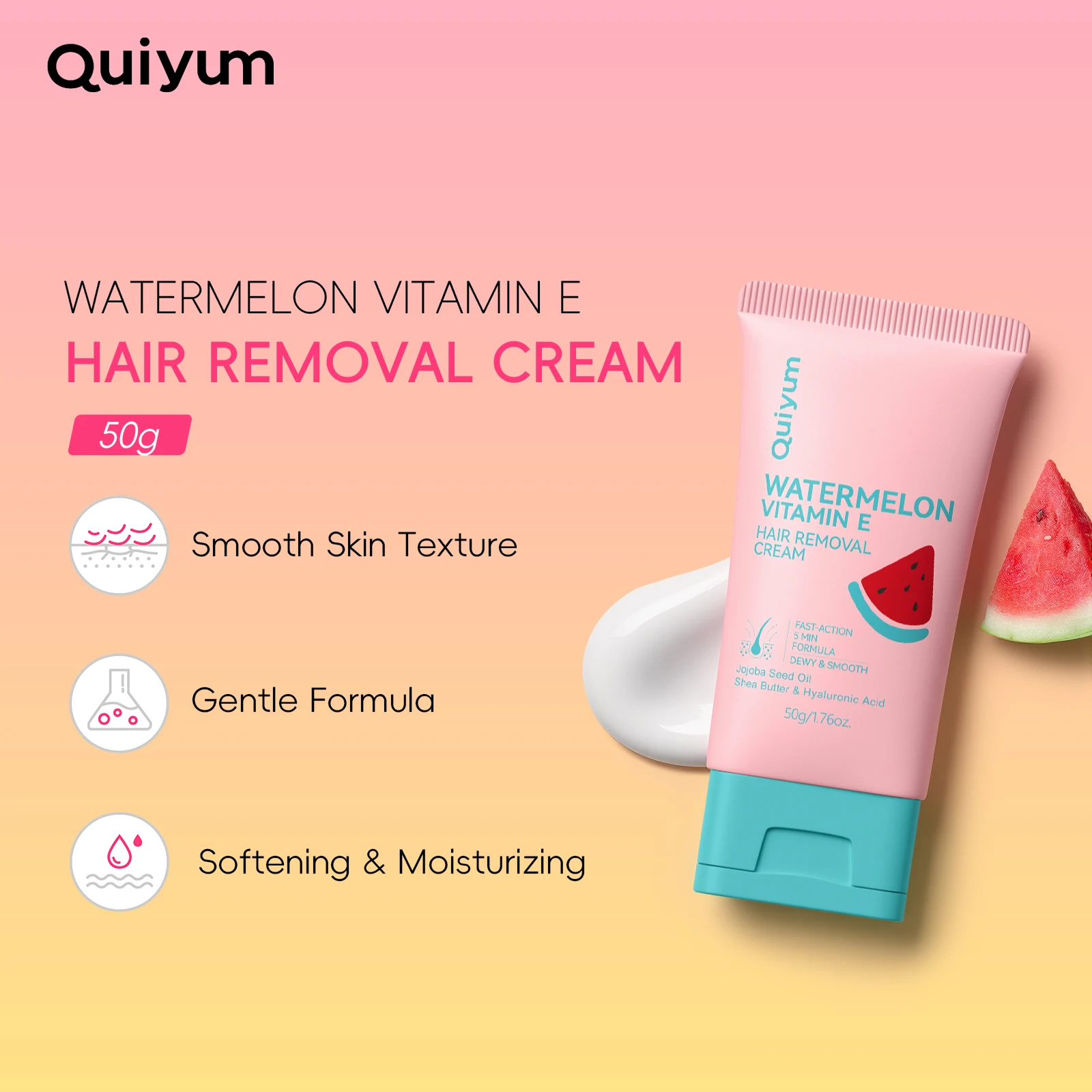 Quiyum Wassermelonen-Vitamin-E-Haarentfernungscreme 50g Schnellwirkende 5-Minuten-Formel Sanft mit Aloe Vera & Sheabutter