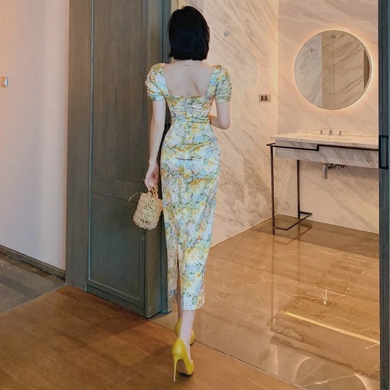 Rétro imprimé fleuri une épaule Dr taille haute bulle Sve été nouveauté femmes Faion Dr décontracté Busin maison