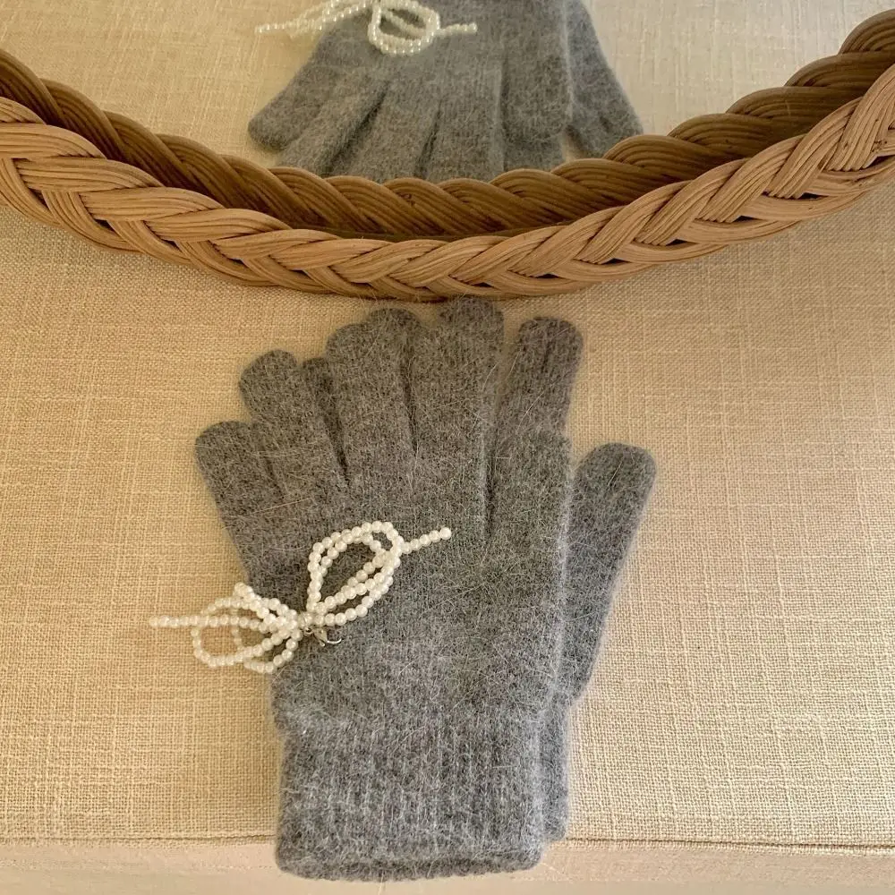 Guantes de punto con lazo de perlas para mujer, manoplas de terciopelo a prueba de viento, color caramelo, pantalla táctil, Invierno