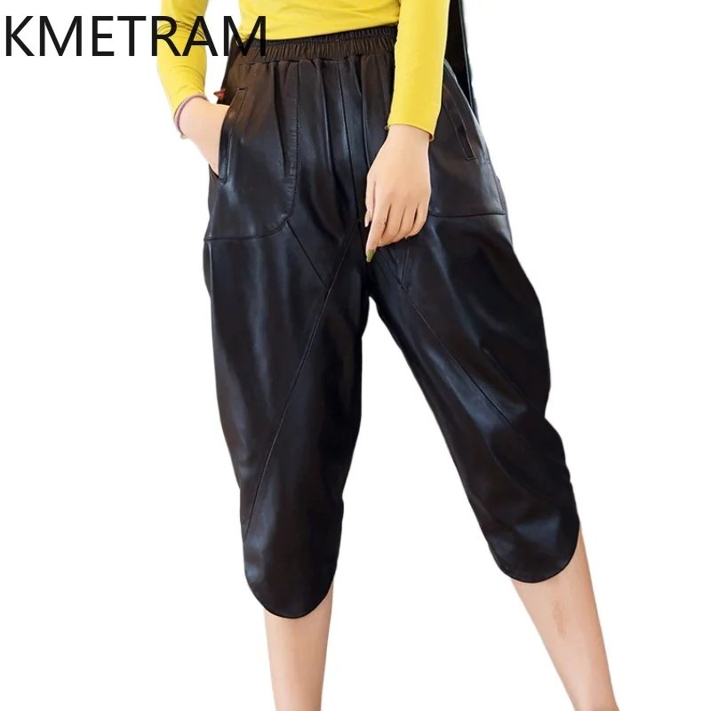 KMETRAM Real Sheepskin Genuine Leather Pants Womens Autumn Clothes High Waisted Pants Women New in Capris Harem Pants Карго 2024