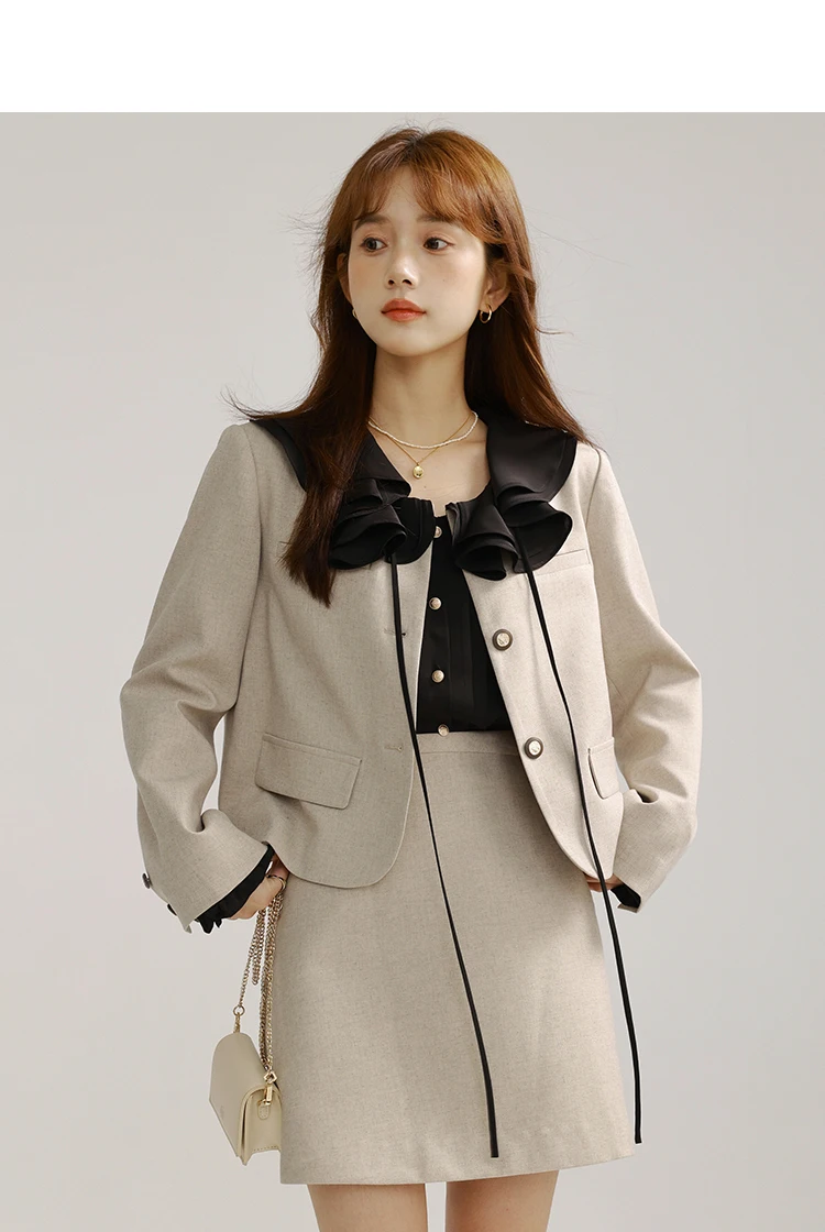 طقم بدلة بليزر أنيق أنيق للنساء سترة قصيرة وتنورة قصيرة عالية الخصر للمكتب ملابس غير رسمية لمظهر أزياء ربيع الخريف