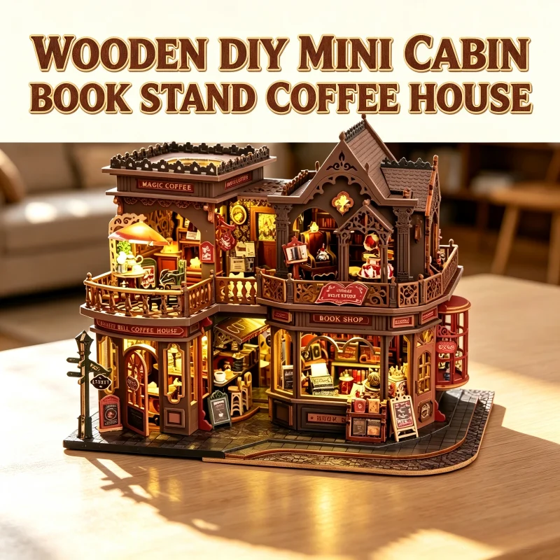 Coffee Cabin DIY Wooden Assembly Bookcase Model Complete Kit With LED Light Decorative Desktop Collectible Craft Gift For  Adult