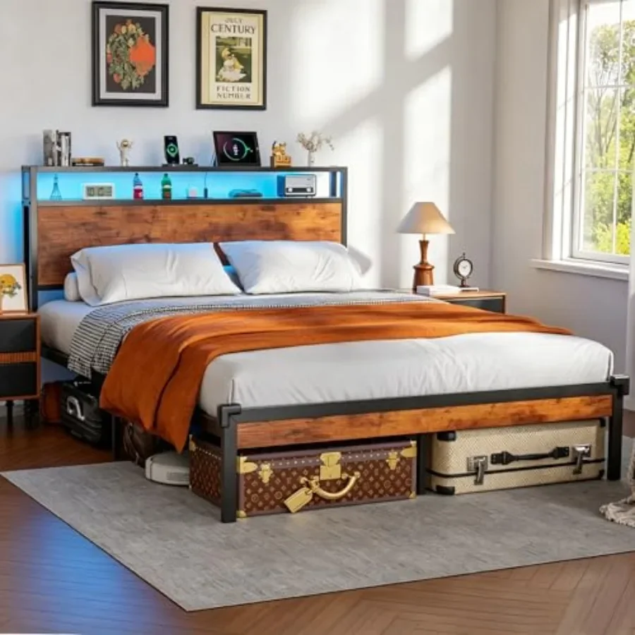 Size Bed Frame with Headboard Built-in LED Light Charging Station: bedroom use, wood finish, black, modern design with integrat