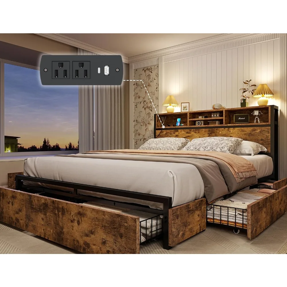 Queen Bed Frame com gavetas de armazenamento, cabeceira com estação de carregamento, nenhum ruído, nenhuma caixa, molas necessário, 6