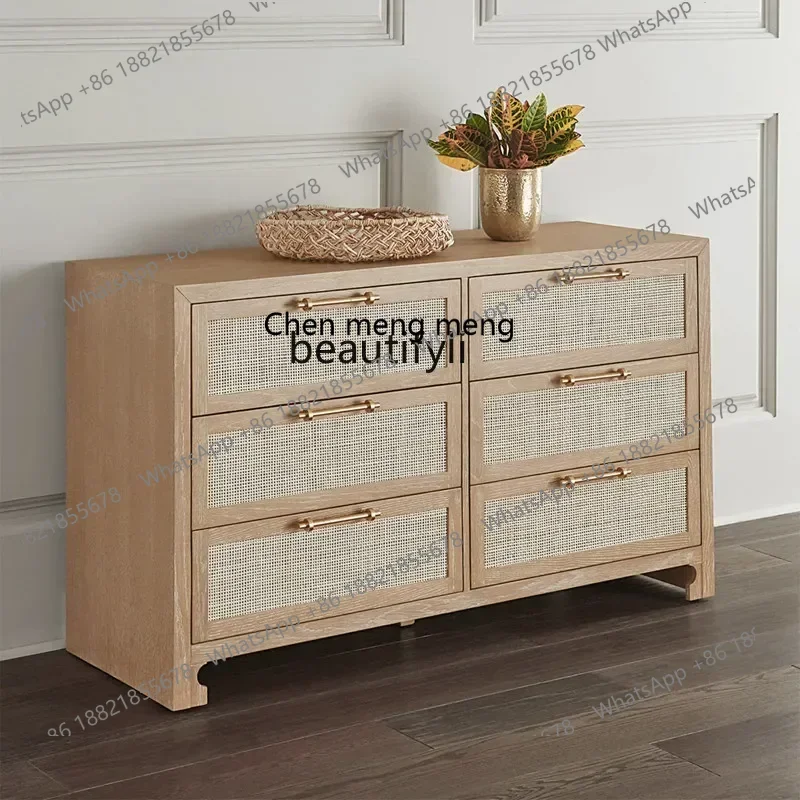 X  R0R American solid wood rattan chest cabinet multifunctional storage porch cabinet bedroom bedside cabinet