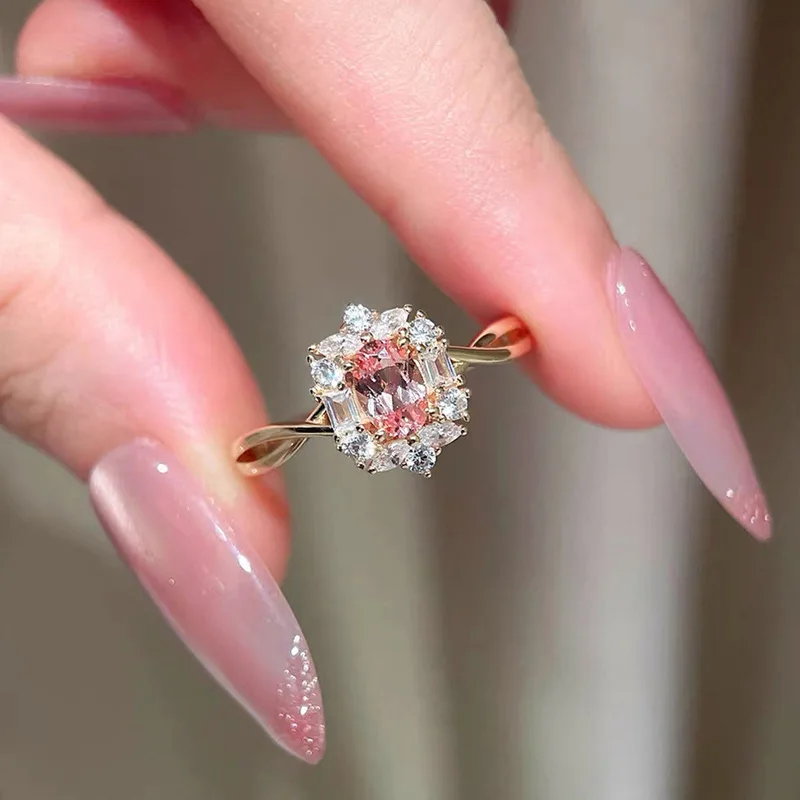New 100% S925 silver 5 * 7mm oval fashion Papalacha champagne gold ring, high-end sweet temperament wedding jewelry