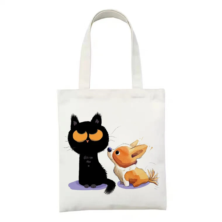 Women Canvas Bag Funny Black Cat Print Female Reuseable Shopping Totebags Girls Students School Bookbags