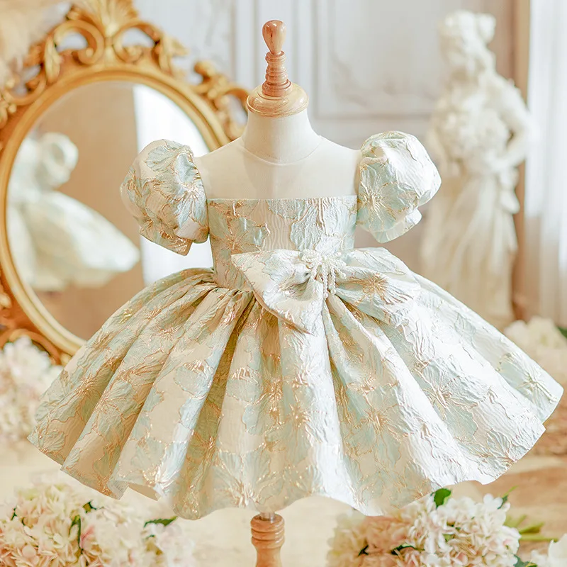 Girls Princess Bow tutu Dress Jacquard pearl beadstring Children Flower Girl Wedding Gown baby birthday Party Kids Dresses