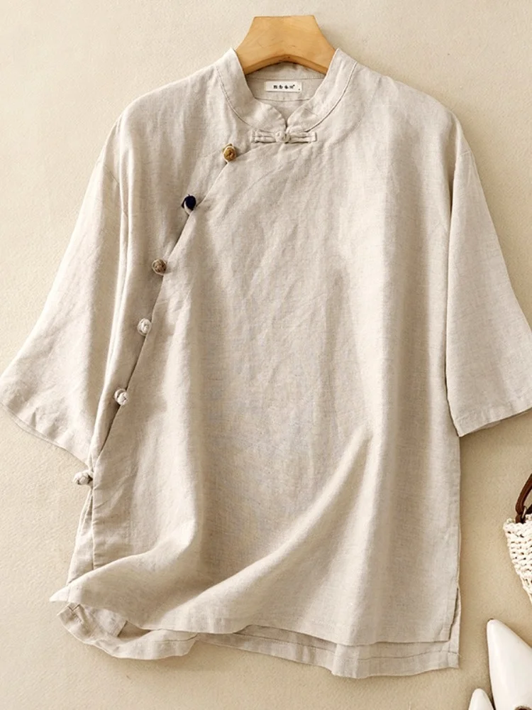 

Ретро китайский хлопковый льняной костюм ort Sve irt Pure Color Zen Tea костюм на пуговицах свободный крой для поездок на работу Sle Top