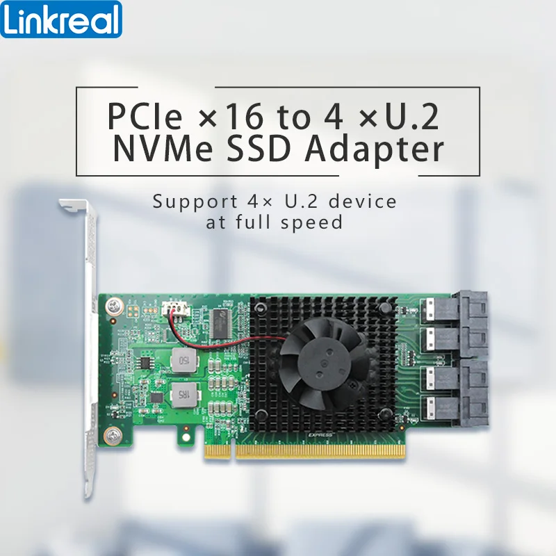 Imagem -01 - Linkreal Porto Pcie 3.0x16 para U.2 Sff8643 Nvme Adaptador Placa de Expansão com Ventilador de Refrigeração e Heatsink-lrnv93474i