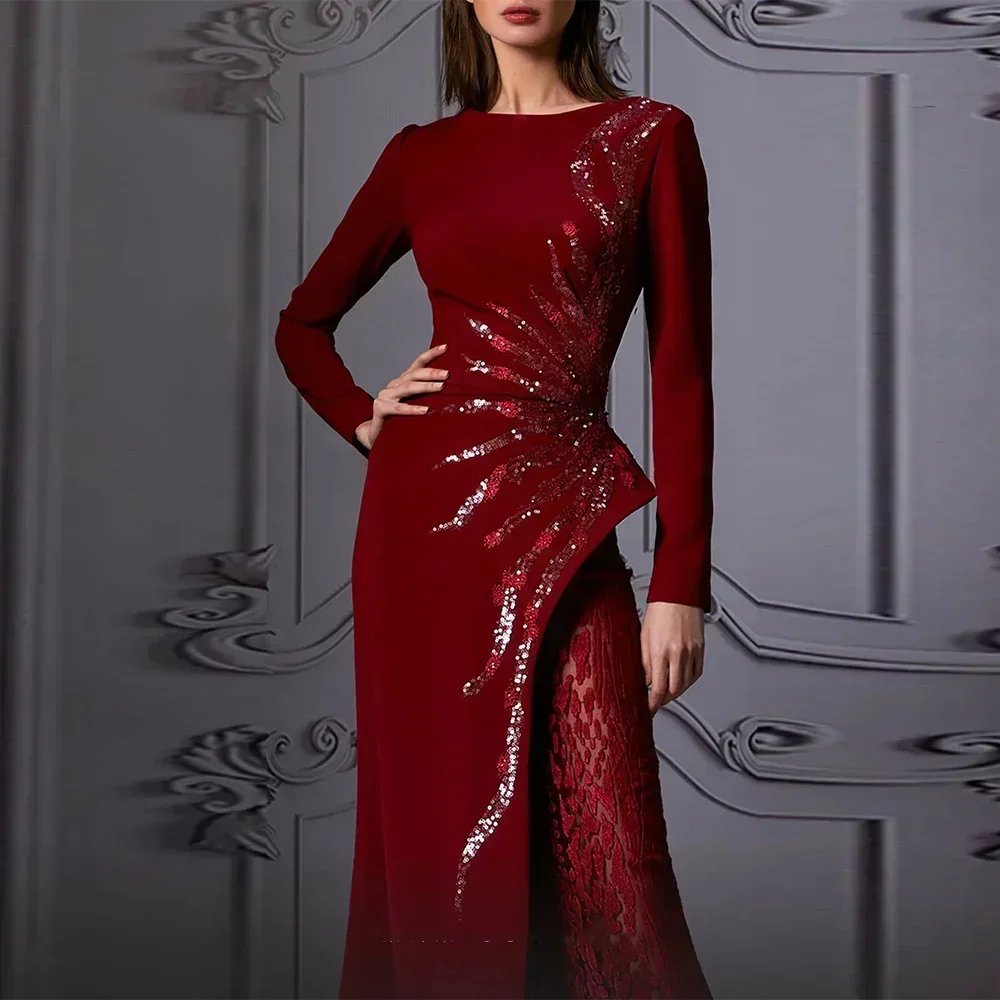 Customized Exquisite Beads Sequined Mermaid Evening Party Dresses With Burgundy O-Neck Long Sleeves Fashion Floor Length Prom