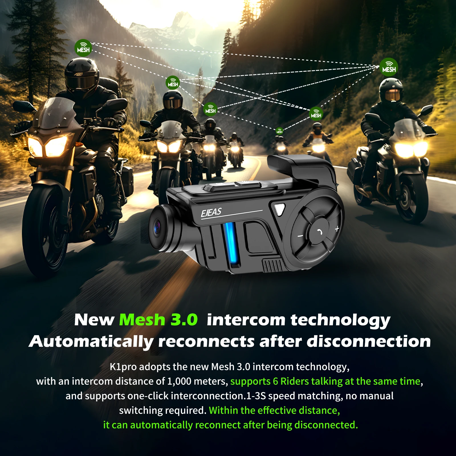 EJEAS K1/K1 Pro Motorcycle Helmet Mesh3.0 Intercom Headset 2K Video Recorder Interphone Music Sharing Auto-Reconnection IP67 FM