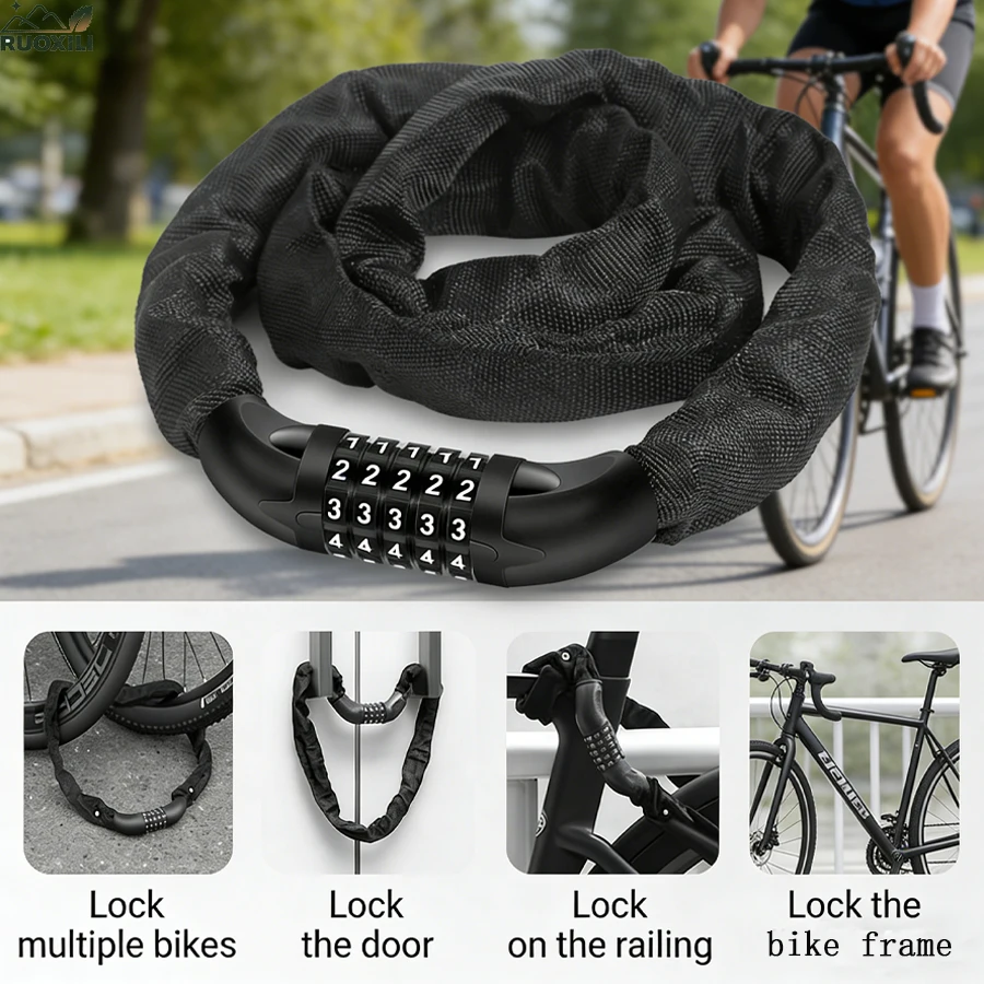 Bike Chain Lock Electric Vehicle Anti-Theft 5 Digit Code Combination Security Lock Iron for Scooter,Motorcycle,Door